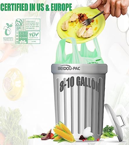 BEIDOU-PAC 8-10 Gallon Compostable Trash Bags, 120 Count, Compost Bags Kitchen Trash Bags with Handle, Sturdy Garbage Bags Food Scrap Waste Bags, ASTM D6400, US BPI Certified