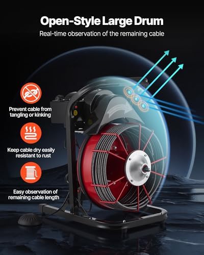 VEVOR 50FT x 1/2 Inch Drain Cleaning Machine, 250W Electric Drain Auger, Portable Sewer Snake Auger Cleaner with Cutters & Air-Activated Foot Switch for 1" to 4" Pipes, Black, Red