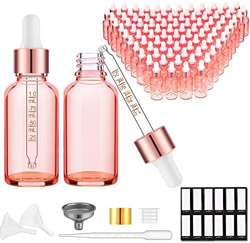 PrettyCare Glass Eye Dropper Bottles 99 Pack, 1oz (30ml) Rose Empty Thick Bottles Bulk with Leakproof Caps - With Labels & Funnels for for Storage, Travel,Essential Oils, DIY Serums
