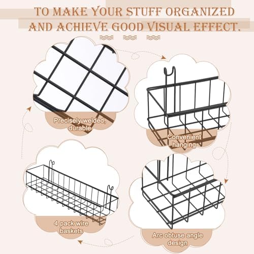 Black 4 Pack Grid Wall Hanging Baskets with 16 S Hooks, 15.8 x 3.9 x 3.2 Inch Metal Wire Wall Mount Storage Baskets for Grid Panels, Retail Display, Kitchen, Bathroom