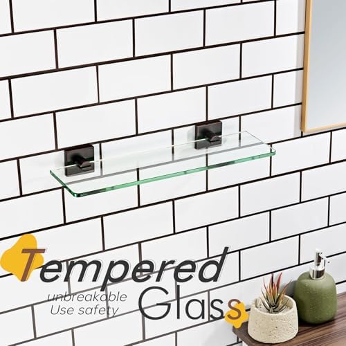 KOKOSIRI Tempered Glass Shelves 16-Inch Bathroom Floating Wall Shelf Kitchen Rack Shower Storage, 2 Pack Oil Rubbed Bronze Stainless Steel B1107ORB-L16-P2