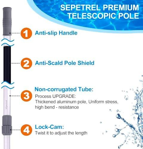 Sepetrel Pool Pole-Upgraded Professional 15 Foot Telescoping Swimming Pool Pole with Threaded Tips,Adjustable Telescopic Poles,for Skimmer Net,Brush,Vacuum Head