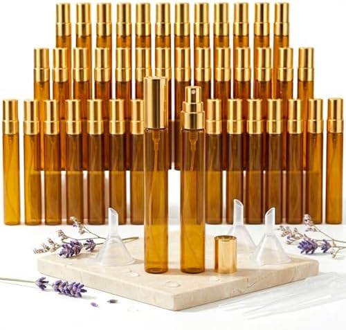 10ml Amber Glass Perfume Bottles Bulk, 60 Pcs Empty Refillable Fine Mist Atomizer for Decants, Mini Square Spray Bottle for Essential Oils & DIY