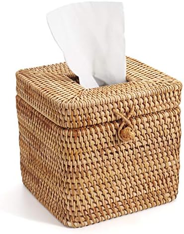 Rattan Square Tissue Box Cover, 5.7" x 5.7" x 5", Decorative Woven Facial Tissue Holder with Hinged Top Lid, Natural Color