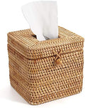 Rattan Square Tissue Box Cover, 5.7" x 5.7" x 5", Decorative Woven Facial Tissue Holder with Hinged Top Lid, Natural Color