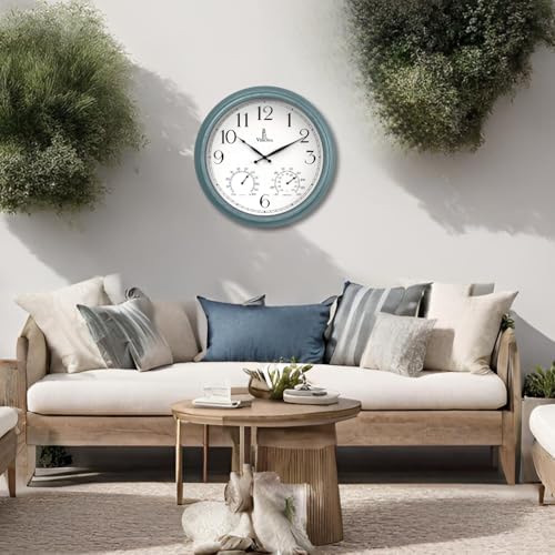 Large Outdoor Patio Clock - Waterproof Thermometer Combo, 18 Inch, Teal