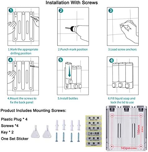 Triple Soap Dispenser Plastic Wall Mount Manual Liquid 3x300ml Shampoo dispensers with Lock for Bathroom (Silver Grey)