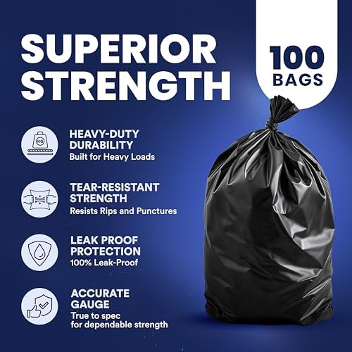 Plasticplace 55-60 Gallon Trash Bags, Heavy Duty, Black Garbage Can Liners, Puncture-Resistant Star Seal, 38" x 58", 100 Count for Warehouse, Kitchen, and Outdoor Use 1.5 Mil