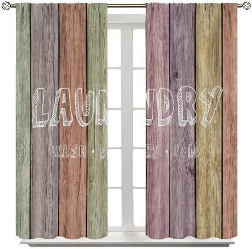 JESTRONRY Laundry Room Theme Curtains,Wash Dry Fold Colorful Wood Plank Print Fabric Window Treatment for Living Room Kitchen Bathroom Home Decor Curtain Drapes 42x63 Inch Blackout