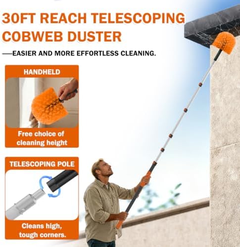 Buyplus 30FT Reach Cobweb Duster, Outdoor Spider Web Cleaner Brush with Professional 5-24FT Extension Pole, Non-Shedding Fluffy Bristles, Suitable for Ceiling and Corner Dusters for Indoor and Outdoor
