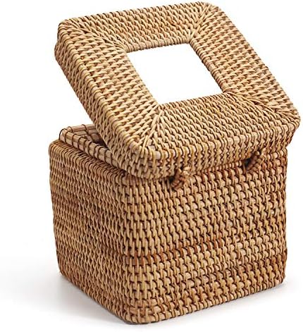 Rattan Square Tissue Box Cover, 5.7" x 5.7" x 5", Decorative Woven Facial Tissue Holder with Hinged Top Lid, Natural Color