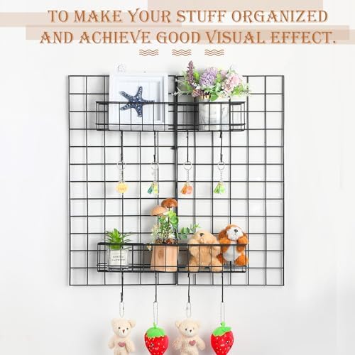 Black 4 Pack Grid Wall Hanging Baskets with 16 S Hooks, 15.8 x 3.9 x 3.2 Inch Metal Wire Wall Mount Storage Baskets for Grid Panels, Retail Display, Kitchen, Bathroom