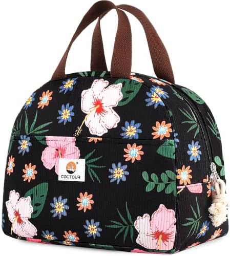 CaCTOUR Large Lunch Box for Women, Cute Lunch Box Cooler Bag, Portable Insulated LunchBox Reusable Corduroy Lunch Tote for Work/Travel/Picnic (Flower)
