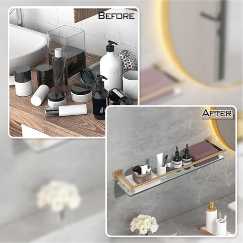 Glass Shelf for Bathroom 24 inch Rectangular Stainless Steel Wall Sheves Tempered Glass Modern Stainless Steel Wall Mount Accessories Organizers Storage (Brushed Gold)