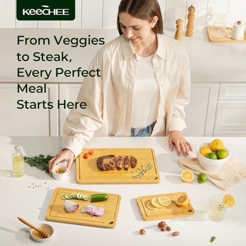 Keechee Wood Cutting Board, Durable Bamboo Cutting Boards for Kitchen with Deep Juice Grooves & Built-in Handles, Ideal Charcuterie & Chopping for Meat, Vegetables and Fruits Ideal Kitchen Gifts