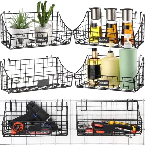 Blulu 4 Pcs Grid Wall Baskets, Wire with Hooks for Hanging, 11 x 6 x 5 Inch