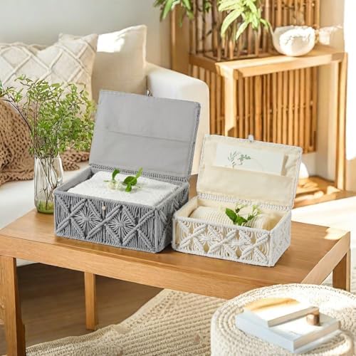 Decorative Boho Storage Baskets with Lid Natural Macrame Boxes