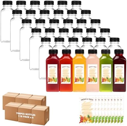 BAKHUK 708pcs 12oz Empty Plastic Juice Bottles with Caps, Sticker Labels