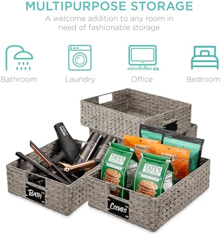 Best Choice Products Set of 4 16x12in Large Water Hyacinth Pantry Baskets, Woven Organizers w/Chalkboard Label, Chalk Marker - Gray