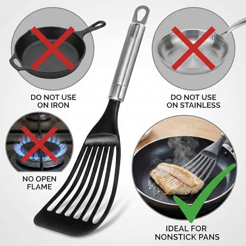 KSENDALO 2 Pack Thin Flexible Fish Spatula for Nonstick Cookware, Black