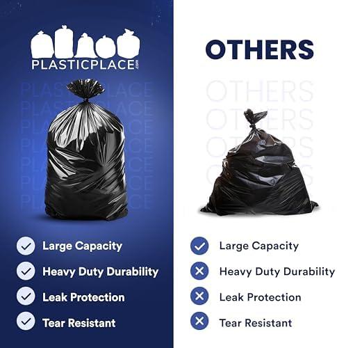 Plasticplace 55-60 Gallon Trash Bags, Heavy Duty, Black Garbage Can Liners, Puncture-Resistant Star Seal, 38" x 58", 100 Count for Warehouse, Kitchen, and Outdoor Use 1.5 Mil