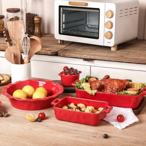 vicrays Ceramic Pie Pan for Baking - 9 inch Pie Plate, Round, Fluted and Deep Pie Dish for Tart, Pizza, Apple Pie, Quiche, Pot Pies, Cake - Reactive Glaze (Red)