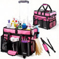 Cleaning Caddy with Wheels, Rolling Cleaning Supplies Organizer with Bottom Board, Dividers & Shoulder Strap, Portable Utility Tote with Small Trolley, Rose Pink