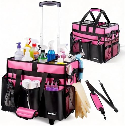 Cleaning Caddy with Wheels, Rolling Cleaning Supplies Organizer with Bottom Board, Dividers & Shoulder Strap, Portable Utility Tote with Small Trolley, Rose Pink