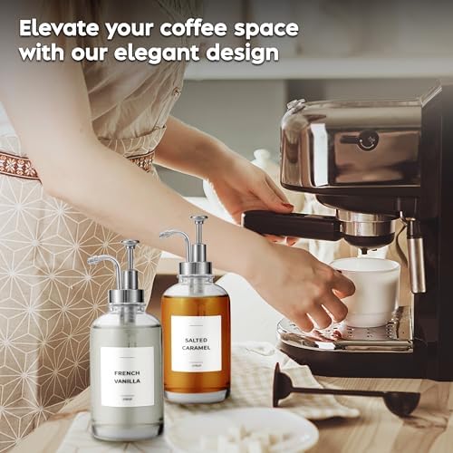 Coffee Syrup Dispenser with Pump, Glass, for Coffee Bar, 2 Pack, Silver