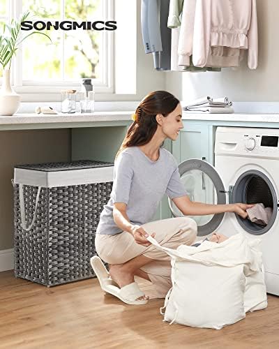 SONGMICS Laundry Hamper with Lid, 90L Double Wicker Basket, 6 Mesh Bags