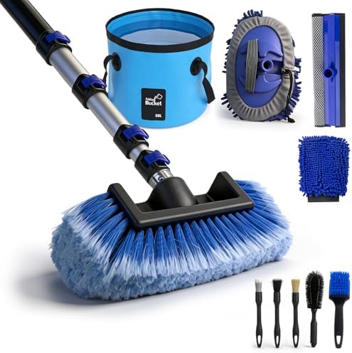 Up to 26FT Reach 20FT Car Wash Brush Kit with Long Handle, 8 Attachments, 180° Rotating Mop & Foldable Bucket, Scratch-Free Soft & Hard Brushes for Cars, Trucks, SUVs & RVs