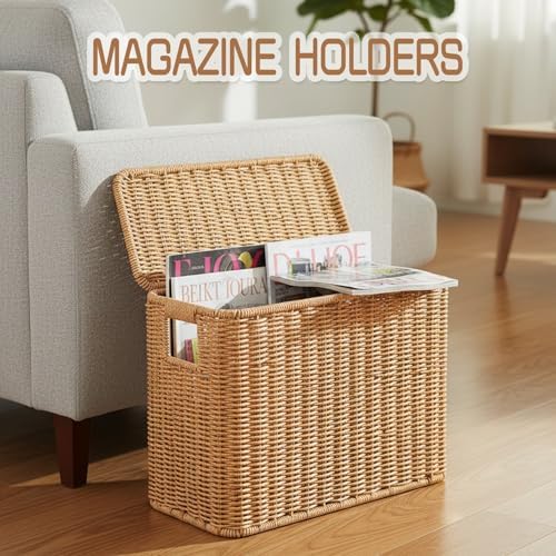 Toilet Paper Storage Basket with Lid, Slim Bathroom Poly Rattan Organizer