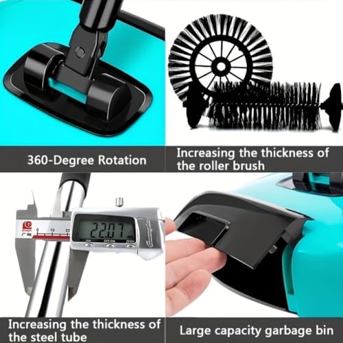 Manual Sweeper, Carpet Sweeper, Mini Hand Push Sweeper 3 in 1 Household Cleaning Lazy Dustpan Trash Bin 360° Rotating Floor Cleaning Mop for Hardwood Ceramic Tiles, with 10 Cloth (Lake Blue)