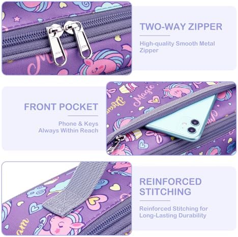 FlowFly Kids Lunch box Insulated Soft Bag Mini Cooler Back to School Thermal Meal Tote Kit for Girls, Boys, Purple Unicorn