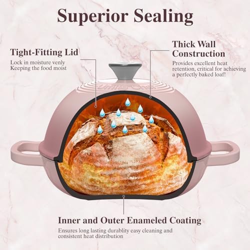 Cast Iron Dutch Oven Pot with Lid, Round Bread Oven for Sourdough Bread Baking, Umite Chef Enameled Cast Iron Bread Oven with Dome Lid & Cotton Potholders for Sourdough, Pink, 6 Quarts