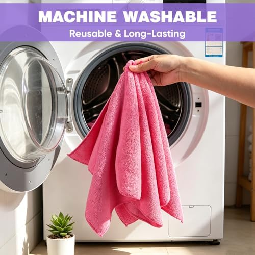 TEAWOO 10 PCS Pink Microfiber Cleaning Cloths, Assorted Cleaning Rags