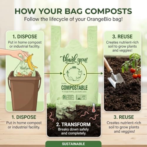 OrangeBio Large Compostable Shopping Bags, 12" x 6" x 20", 500 Count