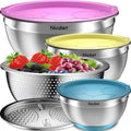 Nicdiet Mixing Bowls with Airtight Lids, Stainless Steel Mixing Bowl Set with 3 Metal Nesting Bowls, Colander & Grater, Non-Slip Bottoms, Size 1.5, 2.5, 5 QT, Great for Mixing & Serving, Mutilcolor