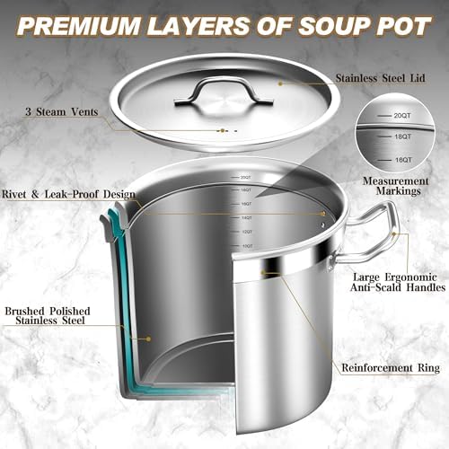 Stock Pot 20QT Stainless Steel Stockpot with Lid, Large Stock Pot - Heavy Duty Tri-Ply Bottom Commercial Grade Stockpots for Boiling Soup Stew Canning Cooking Pots, Big Stockpot, Deep Cookware