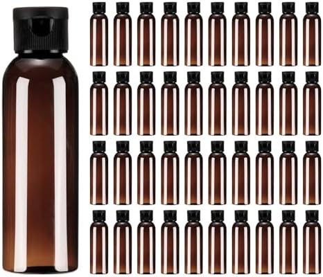 uxcell 2 Oz Plastic Bottles with Flip Caps, 100 Pcs Reusable Travel Size Containers with Lids Plastic Squeeze Refillable Dispensing Bottles for Shampoo, Body Soap, Toner(Brown Black)