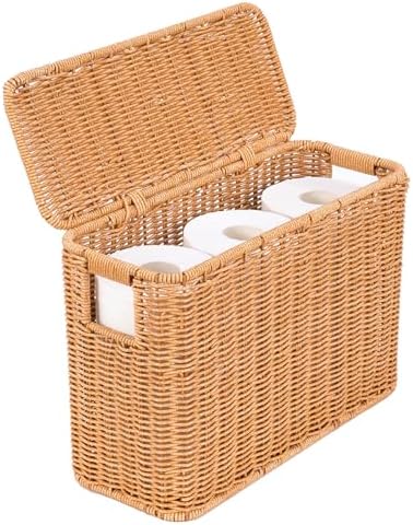 Toilet Paper Storage Basket with Lid, Slim Bathroom Poly Rattan Organizer