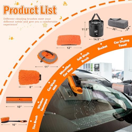 LAANPOLE 16FT Car Wash Brush with Long Handle, Car Cleaning Kit with Soft Bristle Wash Brush, Microfiber Cleaning Mop, Window Squeegee, Mitt, Wheel Brush, Bucket, Drying Towel for RV, Truck, Boat