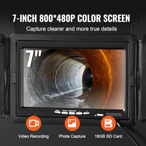 VEVOR Sewer Camera, 165 ft/50 m, 7" Screen Pipeline Inspection Camera with DVR Function, Waterproof IP68 Camera, 12pcs Adjustable LED, with a 16 GB SD Card for Sewer Line, Duct Drain Pipe Plumbing