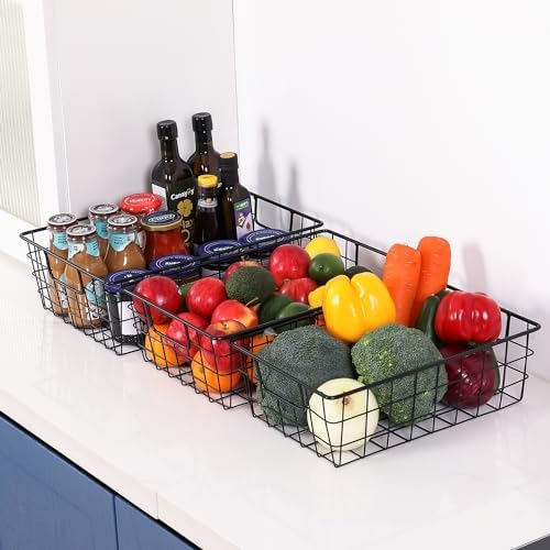 3 Pack Extra Large Wire Basket with Metal Handles, Metal Basket for organizers and storage, Wire Storage Baskets for Pantry, Cabinet, Fridge, Kitchen, Wardrobe, Garage, Bathroom, Black