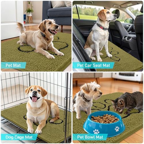 OLANLY Dog Door Mat for Muddy Paws 30x20, Paw Print Design Chenille Mud Mat