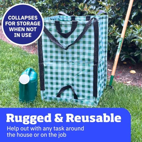 DURASACK Heavy Duty Home and Yard Bags 48-Gallon Reusable Self-Standing Lawn and Leaf Bags Garbage Can with Reinforced Handles, Gingham Green, 3 Pack