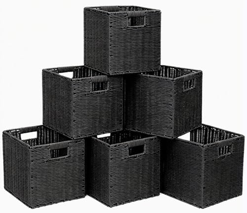 10.5x10.5in Storage Baskets Set Water Hyacinth Baskets,Foldable Handwoven Storage Cubes,Wicker Cube Baskets Laundry Organizer Totes for Bathroom, Bedroom, Laundry, Pantry, Shelves (6, Black)