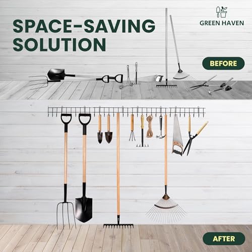 Green Haven Garden Tool Storage Rack 160cm - Heavy-Duty Metal Organiser for Shed Accessories, Rakes, Shovels & More – Space-Saving Tool Storage System for Sheds & Garages