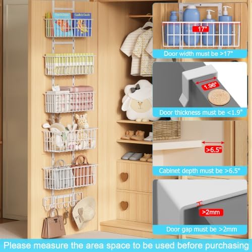 Hongtamoya Over The Door Organizer, Hanging Door Organizer with 5 Metal Baskets, Behind The Door Storage for Pantry Closet Bedroom Bathroom Cabinet Kitchen, White