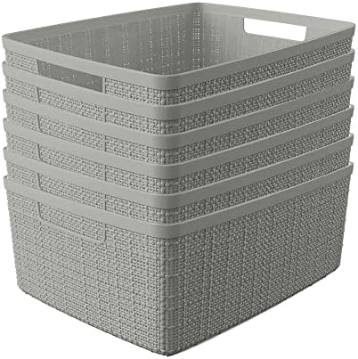 Curver Set of 6 Medium 12L Jute Decorative Plastic Organization and Storage Baskets - Perfect Bins for Home Office, Closet Shelves, Kitchen Pantry and All Bedroom Essentials, Grey
